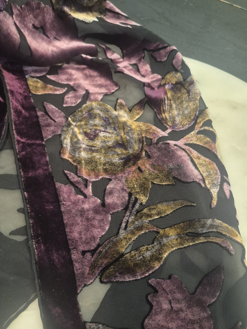 Italian Burnout Handrolled Purple Floral Velvet Scarf 9x54 - Picture 14 of 16